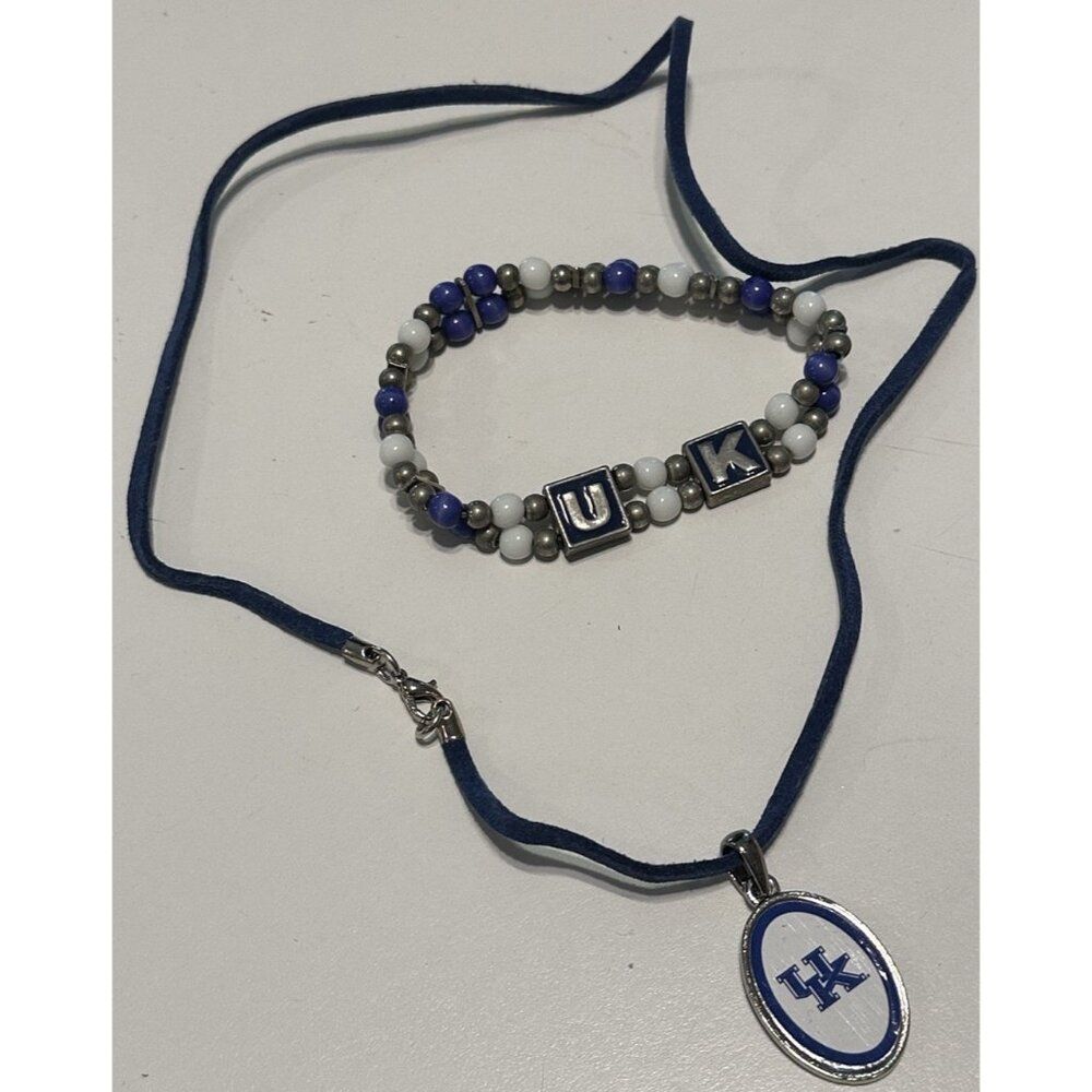 Kentucky Wildcats Jewelry Set Necklace Stretch Bead Bracelet UK NCAA Blue White
